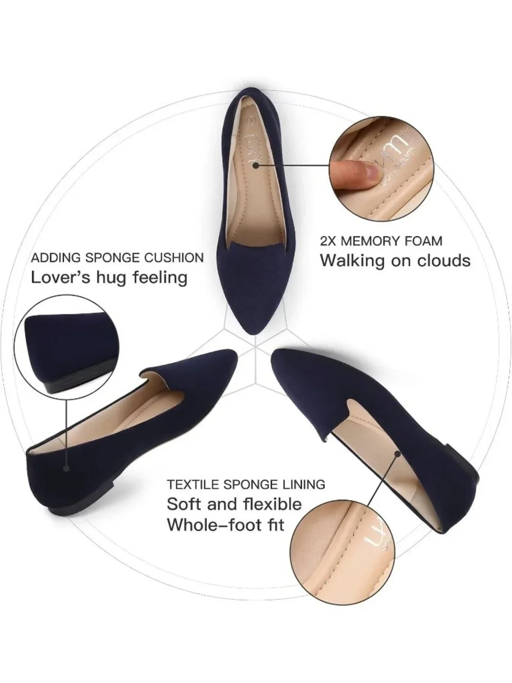 Women's Navy Blue Suede Comfortable Pointed Toe Memory Foam Slip On Flat Shoes